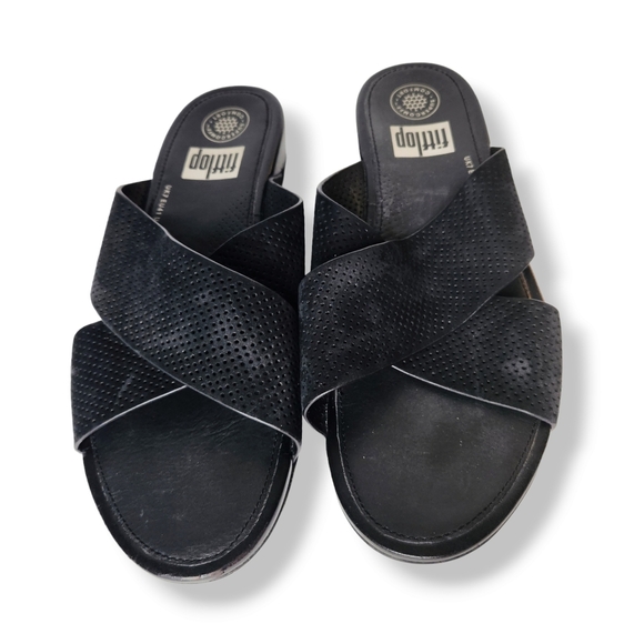 Fitflop Aix Black Perforated Nubuck Leather Slip On Slide Sandals Size 9 - Picture 2 of 9